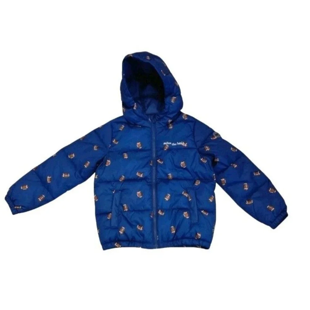 New Miles The Label Hooded Puffer‎ Jacket Boys 2T Blue With Footballs